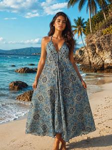 Blue Floral Print Sleeveless Floor-Length Natural V-Neck A-Line Eco-Friendly Beach Holiday Women's Silk Halter Bulk Price - Product Image 6