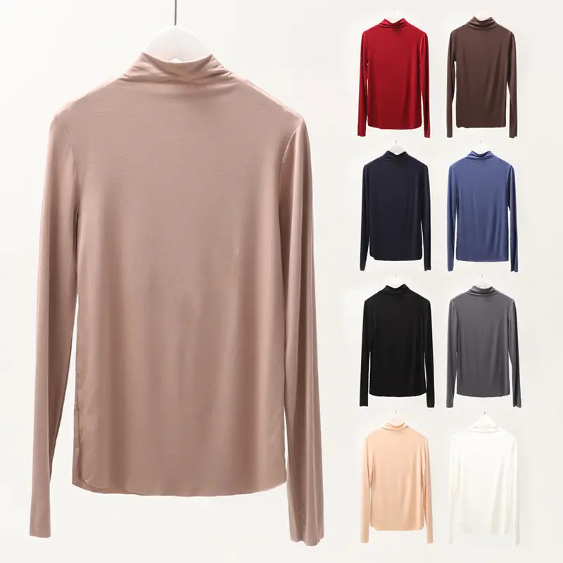 Wowen Atasan Lengan Panjang Wanita, Kaos Model Dasar Kerah Turtleneck Lengan Panjang Warna Solid Kasual Gaya Korea Slim Fit Atas Sentuhan Lembut