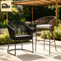 Ensemble de table et chaises de bar d'extérieur en corde tressée, plateau rond en verre trempé, structure en aluminium, pour jardin, villa, terrasse, cour