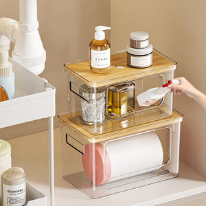 Boîte de rangement empilable transparente pour cuisine avec couvercle en bois, organisateur multifonction pour salle de bain et cuisine - Product Image 1