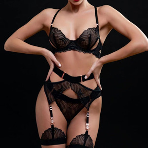 Black Leaf Lace Lingerie <b>Set</b> Underwire Bra Garter Belt Thong Thigh Straps Sheer Mesh Women <b>Sexy</b> Intimate Underwear Wholesale - Product Image 2