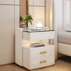 <span class=keywords><strong>Mesita</strong></span> de <span class=keywords><strong>noche</strong></span> inteligente de madera de lujo moderna con <span class=keywords><strong>luz</strong></span> Led altavoces de carga inalámbrica cajón mármol muebles flotantes de cuero blanco - Product Image 2