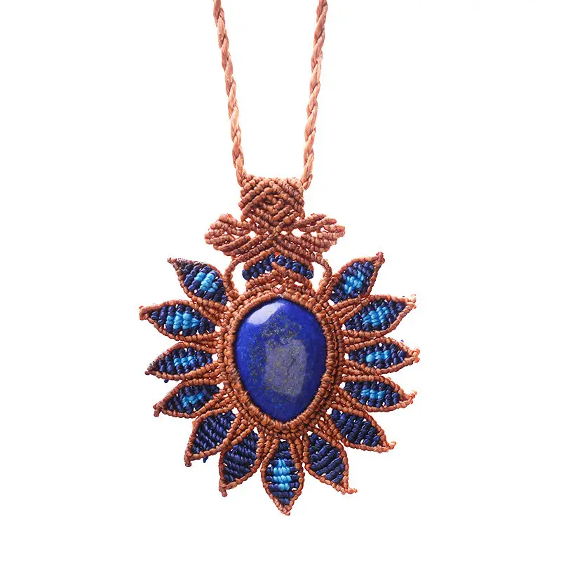 Nouveau Boho Chic lapis Lazuli Tournesol Pendentif Noué et Perle Bijoux Faits À La Main Pierre Naturelle Pendentif Yoga Macramé Collier