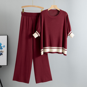 Completi lavorati a maglia primavera autunno snellenti maniche aderenti maniche a pipistrello top pantaloni larghi maglioni completi a due pezzi - Product Image 4