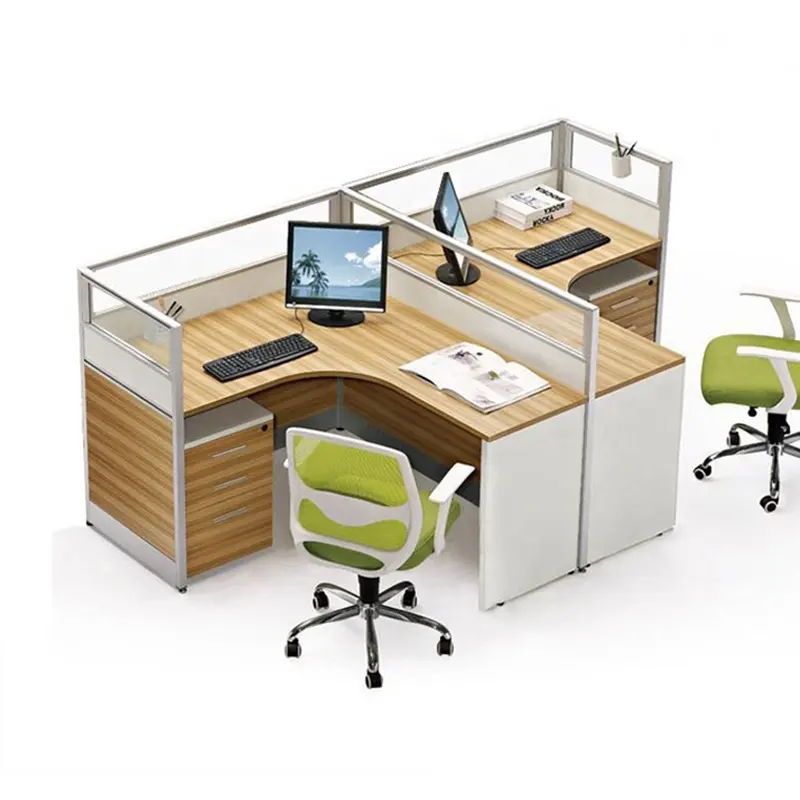 2 Persoons Aluminium L Vorm Modern Hokje Partitie Bureau Houten Tafel Kantoormeubilair Werkstation