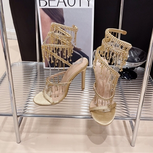 Kcenid Gold <b>Shoes</b> Women Wedding <b>Shoes</b> Fashion Crystal Tassel Twining Stiletto Sandals Sexy Open Toe High Heels Pumps - Product Image 5