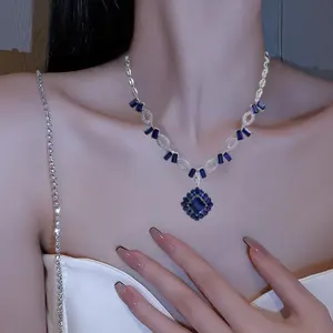 Europa e nos Estados Unidos moda azul cristal colar brincos pulseira conjunto azul cristal cheio de jóias com diamantes