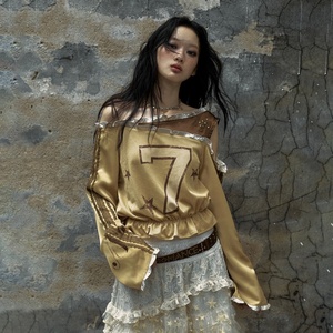 Casual Loose <b>Tops</b> Streetwear Letter Print Fairy Goth Children T-shirt <b>Y2k</b> Aesthetic Slash Neck Bandage Grunge Spring 100% - Product Image 2