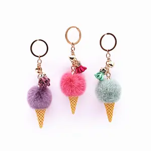 New Designer Gold Accessories Pendant Cartoon Ice Cream Fur Puff Ball Leather Tassels Pom Pom Keychain For Bag