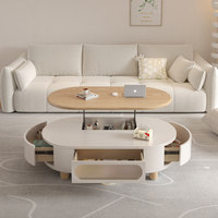 Table basse ovale en pierre, style crème, durable, multifonctionnelle, relevable, avec rangement multi-tiroirs et design d'appoint pour salon