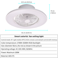 Ventilateur de plafond LED moderne 94W DC en acrylique, dimmable 220V, avec télécommande, 6 vitesses, faible bruit, éclairage de chambre