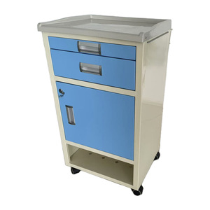 Hospital <b>Bedside</b> <b>Table</b> L480 W400 H880mm Plastic Minimalist Design Beige Cabinet <b>Blue</b> Doors With Wheels For Medical Use - Product Image 2