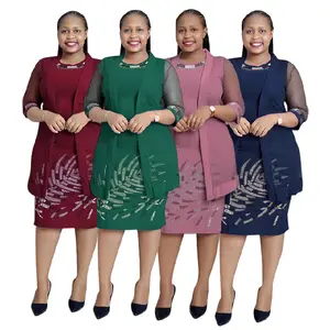 501 di abbigliamento africano # bestseller per donna Set di abiti con strass o collo Plus Size + Cardigan 2 pezzi Set di abiti da donna