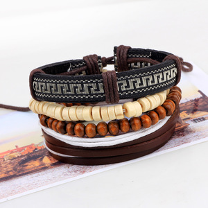 Fashion Wrap <b>Bracelets</b> Genuine Leather Wooden Beads Geometric Pattern Men's Jewelry QNW4010 - Product Image 2