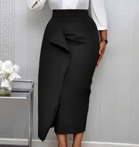 Black Slim Pencil High Waist Mid-calf Party Ruffle Women Bodycon Skirt