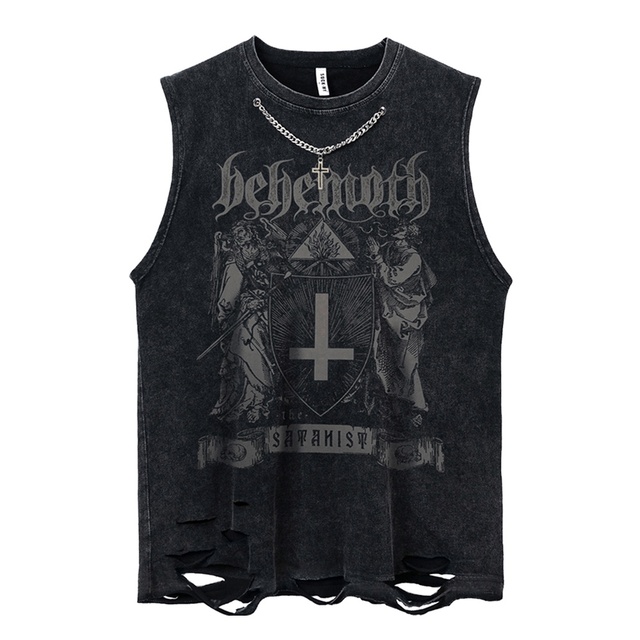 2022 Summer Vintage Washed Imgae Graphic Printing O-neck Sleeveless T-shirt Men