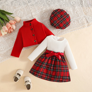Ensemble Robe Automne-Hiver pour Filles de 0 à 3 <span class=keywords><strong>Ans</strong></span> avec Veste Manches Longues en Velours, Jupe à Carreaux Ceinturée et Béret – Ensemble Trois Pièces - Product Image 1