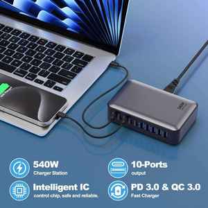 Station de charge <span class=keywords><strong>USB</strong></span> C GaN 540W à 10 ports, chargeur rapide PD 100W, hub de charge de bureau QC3.0 pour Steam Deck, compacte, idéale pour les voyages et le bureau - Product Image 4