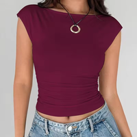 T-shirt court décontracté sexy Y2K à col bateau et manches courtes froncé, avec logo personnalisé OEM, pour femme, vente en gros