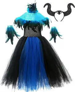 Costume for Kids Girls Evil Queen Fancy Dress Black Princess Tutu Dress Horns Accessories Child Magic Wizard Halloween Costumes