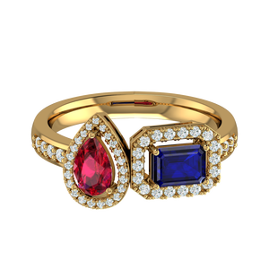 925 Sterling <b>Silver</b> Gold Plated Open <b>Ring</b> with Pear Cut Red CZ & <b>Emerald</b> Cut Blue CZ Halo Design for Women - Product Image 6