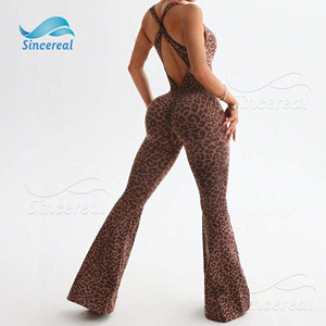 Biểu Tượng Tùy Chỉnh Bodycon Một Mảnh Yoga Tập Thể Dục Rompers Bùng Chân Floe Quần Top Khởi Động Cắt Quần Của Phụ Nữ In Leopard Jumpsuit - Product Image 4