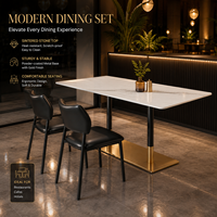 Ensemble de table à manger rectangulaire en pierre frittée moderne avec base dorée et chaises rembourrées noires, mobilier commercial pour hôtel et restaurant