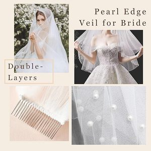 Lace Pearl Edge Wedding <strong>Veil</strong> 2 Tier Beaded Bridal <strong>Veils</strong> Fingertip Length White Double Layer Pearl <strong>Veil</strong> with Comb - Product Image 6
