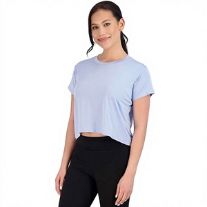 Camiseta Corta Azul Claro para Mujer, Cuello Redondo, Manga Corta, Dobladillo Asimétrico, Corte Holgado, Informal, de Jersey, para Primavera y Verano - Product Image 1