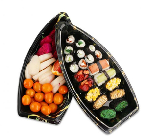 Custom premium plastic stackable ship type plastic food tray packaging sushi sashimi tray container with lids