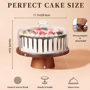 Support à gâteau en bois en gros, support à gâteau magnétique deux-en-un en bois d'acacia avec couvercle en dôme, supports à gâteau multifonctionnels en bois - Product Image 5