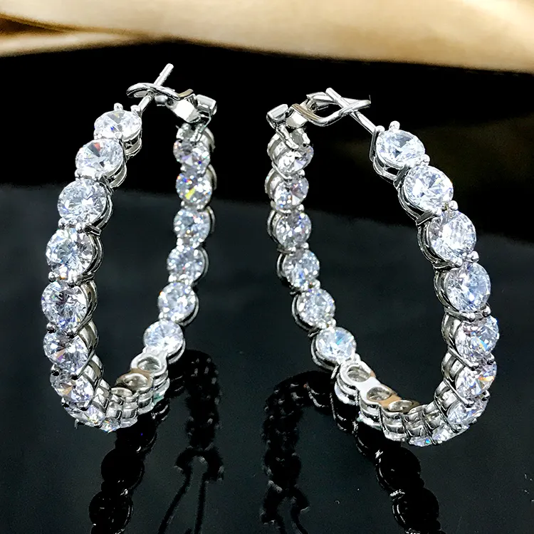 Trendy Gift 925 Sterling Silver Jewelry Cubic Zirconia Hoop Earrings Shiny CZ Gemstone Big Circle Huggie Earrings