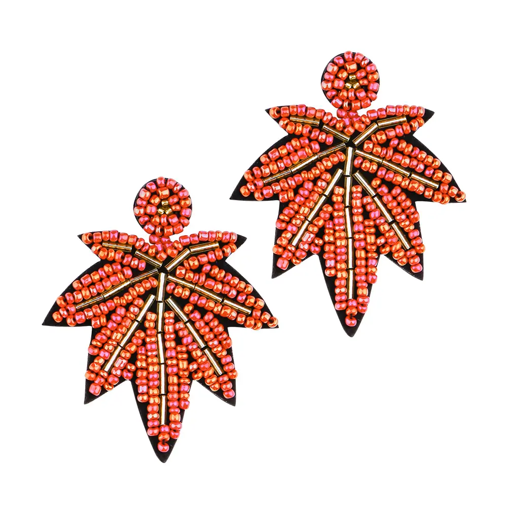 Creative imported rice bead earrings female handmade beaded maple leaf earrings European and American leaf earrings