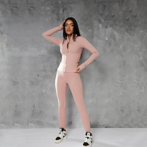 Conjunto de 2 Piezas Personalizado para Mujer - Camiseta de Manga Larga con Cierre y Pantalones Ajustados (Ropa Casual de Color Sólido para Diario y Oficina) - Product Image 5