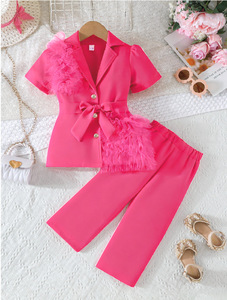 Conjunto de Ropa de Verano para Niñas de 7 Años, Color Rojo Rosa, <span class=keywords><strong>Gasa</strong></span> de Algodón, Transpirable, Manga Corta, Pantalones Anchos - Product Image 2