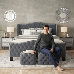 USA Warehouse Fast Ship Luxury Grey Velvet Button Tufted Wingback <strong>Bed</strong> Frame Nailhead Trim Queen King Size Platform <strong>Bed</strong> for US - Product Image 1