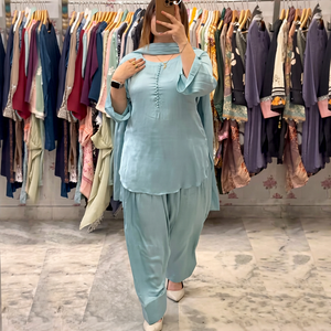 Conjunto Elegante de Satén Verde Menta para Mujer, Top y Pantalones con Dupatta, Corte Regular, Estilo Étnico para Bodas y Fiestas - Product Image 1