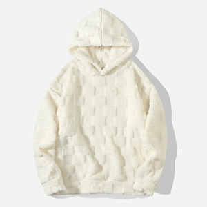 <b>Mens</b> Winter White Checkered Fluffy Hoodie <b>Sherpa</b> <b>Fleece</b> Oversized Fuzzy Warm Thick Pullover Plain Hooded Sweatshirt - Product Image 1