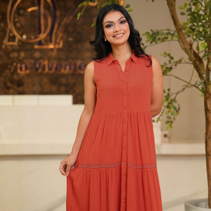Vestido Maxi Casual de Gasa Naranja Vibrante de Alta Calidad con Bordado y Volantes para Mujer - Product Image 1