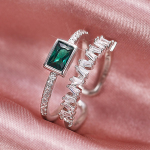 Anello Aperto a Doppio Strato con Zircone Verde Pavone per Donne, Gioiello da Dito Regolabile alla Moda - Product Image 6