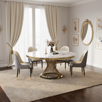 Großhandelspreise Moderner Esstisch aus Marmor mit Goldener Edelstahlbasis und 6 Stühlen, Drehbar, Wohnmöbel