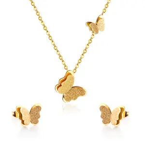 Dubai 18K Gold Plated Butterfly Silver And Gold Two Color Mixed Cheap Stainless Steel Necklace And Earring Set