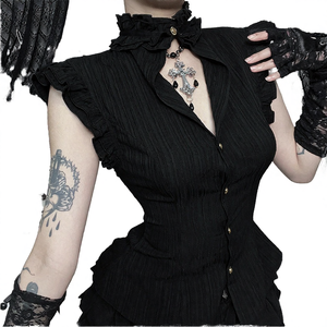 เสื้อถักเนื้อผ้าทึบ ระบายอากาศได้ดี สไตล์โกธิควินเทจ คอตั้งติดกระดุม ดีไซน์ระบาย แต่งระบาย ทรงเข้ารูป สำหรับผู้หญิง เหมาะสำหรับฤดูร้อนและฤดูใบไม้ร่วง - Product Image 4