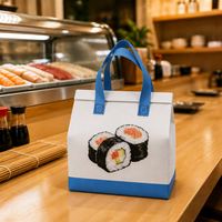 Sac isotherme réutilisable en non-tissé blanc et bleu à imprimé sushi, avec dessus à rabat, pour le déjeuner
