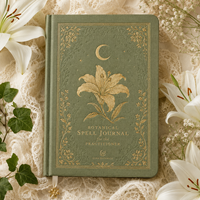 LABON Carnet de rituels botaniques vert sauge avec dorure céleste, motif Lys Rose Iris, Grimoire, grille pointillée, cadeau sorcière