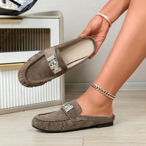 Ladies Comfortable Casual Flat Buckle All Seasons <strong>Taupe</strong> Suede Mules Metal Decor Slip-on <strong>Shoes</strong> - Product Image 1
