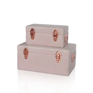 Home Decoration Velvet Fabric Storage Trunk With Rose Gold Accessories Set Of 2