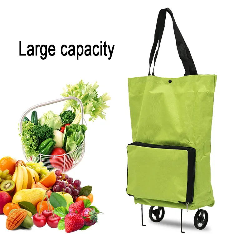 Stock Reusable Portable Fold Oxford Trolley Shopping Cart Bag Food market Supermarket Rolling Shopping Bag With 2 Wheel
