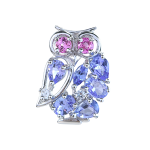 Pendentif hibou en argent sterling 925 plaqué rhodium avec tanzanite naturelle et saphir rose, bijou cadeau pour femme - Product Image 1
