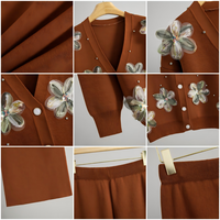Set Sweater Viscose Bordir Wanita Musim Gugur/Dingin, Cardigan Rajut Detail Kancing V-neck + Celana Kaki Lebar Model Slimming